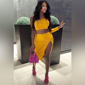 Fashion Nova Mustard Yellow Two Piece Asymmetrical Skirt Set